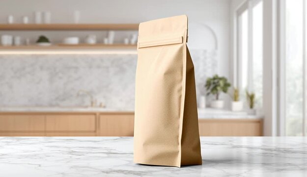 Brown kraft stand-up pouch mockup on white marble surface in kitchen interior with soft light for product branding or packaging design presentation.