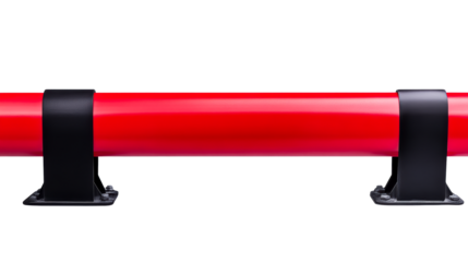 Red pipe secured by black metal bracket on white background