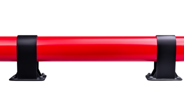Red pipe secured by black metal bracket on white background