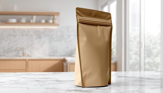 Brown kraft stand-up pouch mockup on white marble surface in kitchen interior with soft light for product branding or packaging design presentation.
