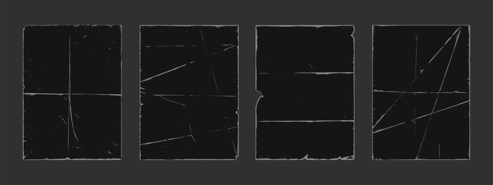 Old retro style paper fold texture black grunge punk overlay vector illustration set. Vintage dark cover dirty scratched folded paper sheet collection grain noise rough effect distress corner template
