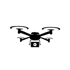 Silhouette icon of a modern drone (quadcopter) with a camera attached. Represents photography, surveillance, delivery, technology, and aerial video/mapping.