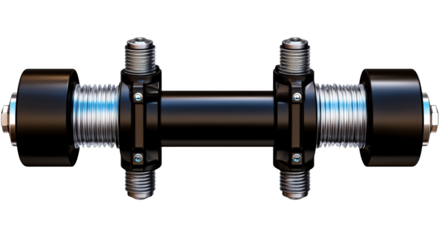 Precision engineered metal component with threaded shafts and securing bolts