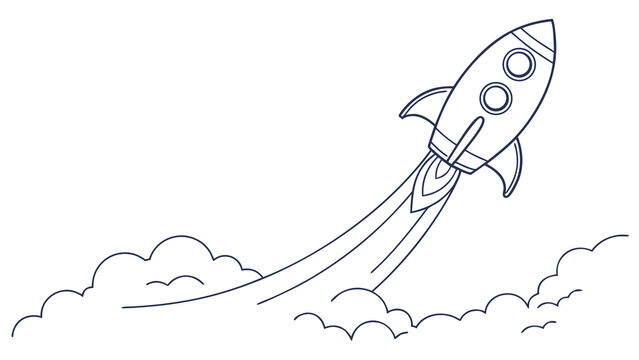Dynamic rocket blasting off with fiery exhaust and stylized clouds, symbolizing innovation and rapid growth in business endeavors. - Powered by Adobe