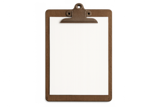 Wooden clipboard holding blank white paper, offering copy space for notes, lists, and business information