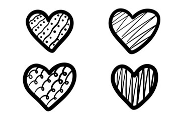 Set of Hand Drawn Patterned Hearts – Black and White Doodle Love Symbols