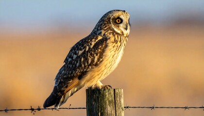 A majestic owl perches atop a weathered wooden post, gazing alertly. The background shows golden-hued fields
