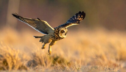 Obraz premium A majestic owl with spread wings soars low over a field of golden grass