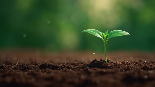 Young plant sprout rises slowly from moist brown soil under soft sunlight symbolizing growth, hope, and new beginning in natural outdoor scene
