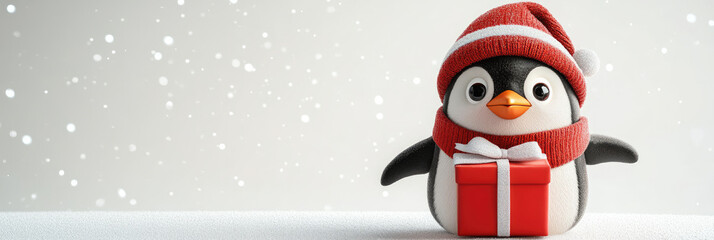 funny cheerful penguin Christmas character with surprise face pointing finger to the side, 3d illustration, playful holiday pose, isolated on white background with copy space