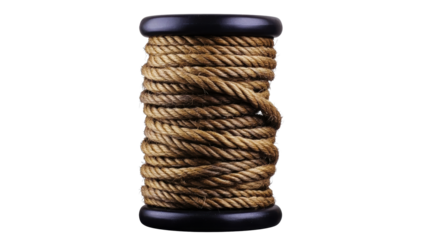 Thick natural fiber rope wound around a spool object