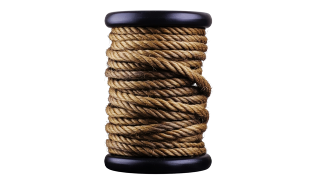 Thick natural fiber rope wound around a spool object