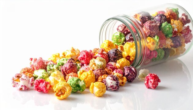 Glass jar tipped over with colorful candied popcorn spilling onto a white surface, creating a playful and vibrant snack presentation.