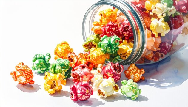 Glass jar tipped over with colorful candied popcorn spilling onto a white surface, creating a playful and vibrant snack presentation. - Powered by Adobe