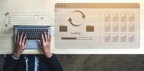 File synchronization or loading interface with progress bar, folders, and documents, symbolizing data backup, transfer, and system update Parse