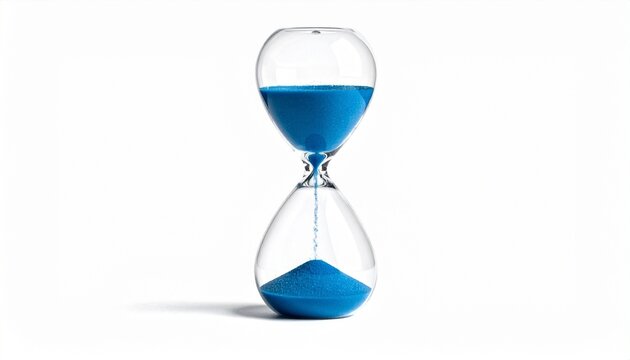 Traditional hourglass with blue sand flowing through a narrow glass chamber, framed by wooden caps, symbolizing the passage of time with elegant simplicity.
