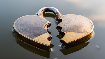 millenary. A broken heart-shaped lock floating on calm water, split in two pieces in soft morning light. wellbeing guides, coaching materials, designed for coaching and self-improvement content.