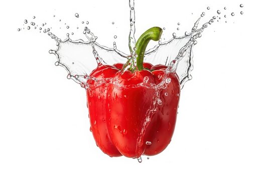 Red bell pepper with water splash isolated on white background, creating a refreshing and vibrant image of freshness - Powered by Adobe