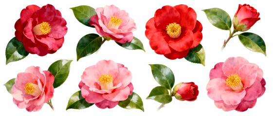 Realistic camellia flower set with pink and red blossoms isolated on transparent background, elegant botanical floral element collection
