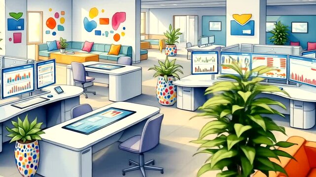Modern office space featuring collaborative workstations, colorful decor, and data displays