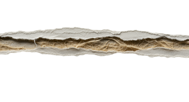 Extreme macro of a thick, off-white paper strip with dramatic raking light highlighting torn edges revealing fibrous strands, deep creases, and folds, on a transparent background. Concept of textural