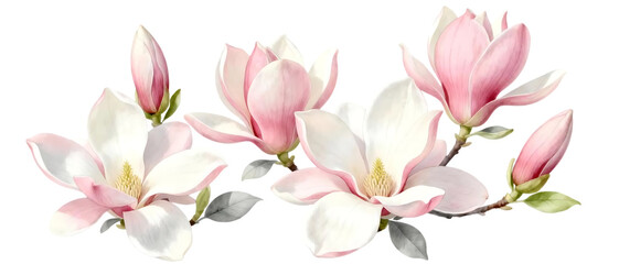 Realistic magnolia flower set with pink and white blossoms isolated on transparent background, elegant floral element collection
