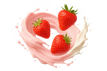 Strawberries splashing in delicious pink milk and white cream, creating a fresh fruit yogurt mix on transparent background