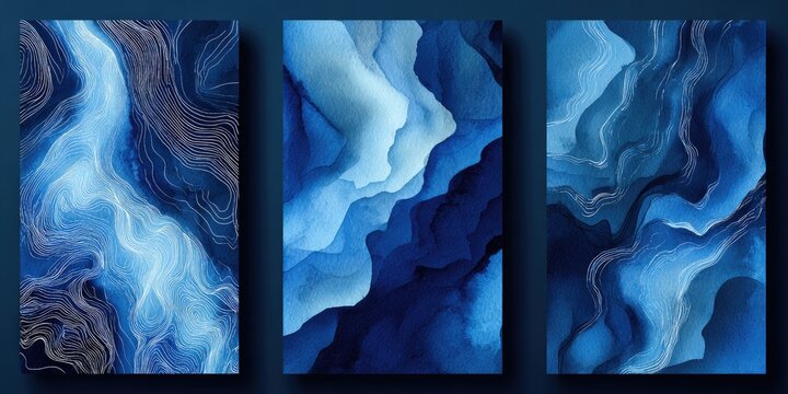 Abstract triptych art with swirling blue watercolor and flowing design