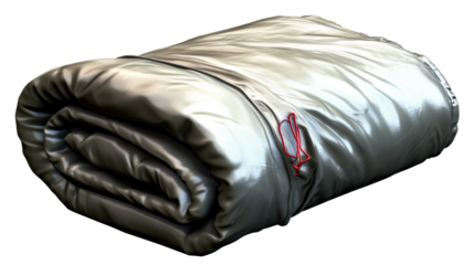 Rolled up sleeping bag on white background