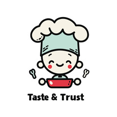 Adorable cartoon child chef character holding spoon with happy expression ideal for kids restaurant or cooking education branding design