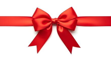 A vibrant red satin ribbon, tied in a symmetrical bow, lies horizontally centered on a clean white surface, bathed in soft, diffused light.
