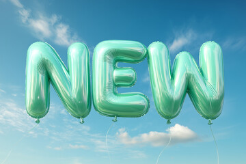 "NEW" Word in Ming Balloons Floating in a Bright Blue Sky with Clouds - Fresh Start and Announcement Concept