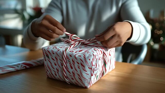 Defocused person wrapping gift with sharp focused seamless candy cane and present pattern on paper, with copy space