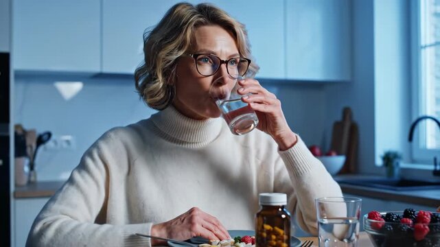 Mature woman preparing to take supplements near fresh berries and water