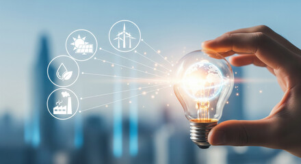 Sustainable energy concept renewable power innovation clean technology solar wind eco friendly industry futuristic city background hope