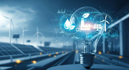 Renewable energy sustainability innovation technology wind solar clean environment futuristic—A glowing light bulb with renewable energy icons wind turbines and solar panels symbolizes sustainable