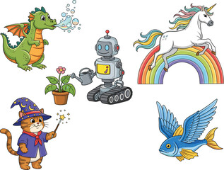 Fantasy cartoon character set, vector illustrations of dragon, robot gardener, unicorn, wizard cat, flying fish, and flower pot