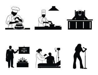 Profession silhouette set, black vector icons of chefs, judge, lawyer, doctor, and singer