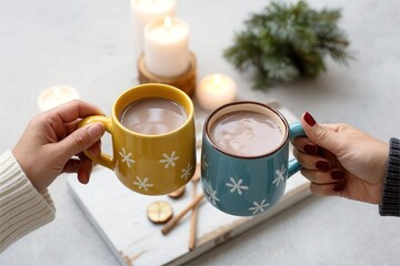 two person drink hot cocoa together with cozy christmas background