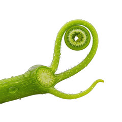 Macro shot of vibrant green climbing vine stem with sap, cellular detail, and unfurling tendril. Isolated on transparent, concept of perfection nature and microcosm
