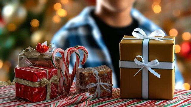 Anonymous person's profile blurred while focused holiday pattern with candy canes and gifts stays clear, with copy space