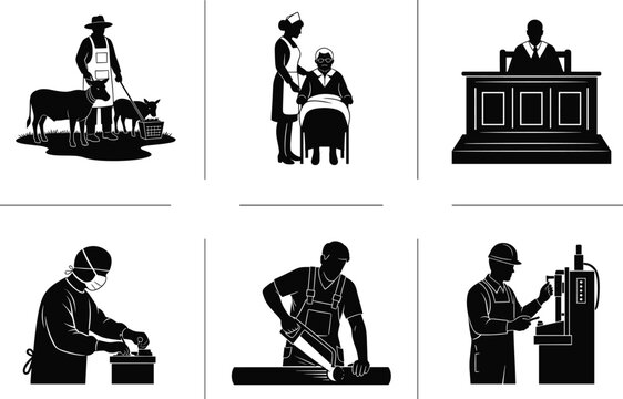 Profession silhouette set, black vector icons of farmer, nurse, judge, surgeon, construction worker, and technician