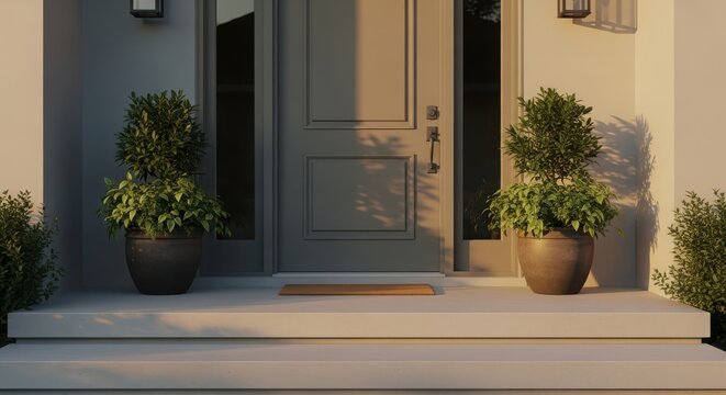 A welcoming front door with potted plants and a neutral color scheme creates an inviting and serene entrance to a modern home