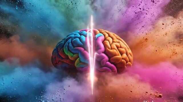 Colorful, creative brain explosion with vibrant powder cloud representing imagination and intelligence