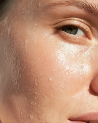 Fototapeta premium Macro photo of woman’s cheekbone glowing after cryo skincare. Dewy droplets and soft morning reflections create a fresh, natural, rejuvenated look
