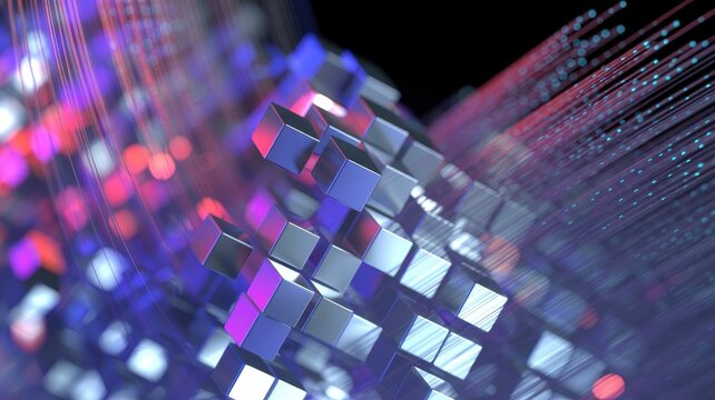 Cascading Chrome Cubes Amid Neon Fiber Optics