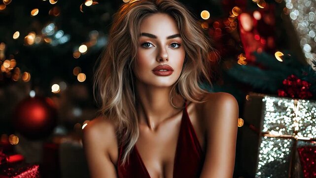 A model showcases a stylish holiday outfit while surrounded by a beautifully decorated Christmas tree and colorful gifts