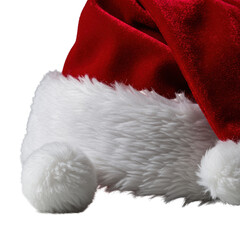 Luxurious crimson velvet santa hat with transparent faux fur trim and fluffy pom-pom, extreme close-up on transparent background, conveying tactile softness. Festive holiday concept