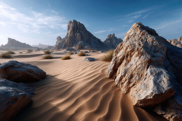 Desert landscape with rocky formations and rolling sand dunes under a clear sky