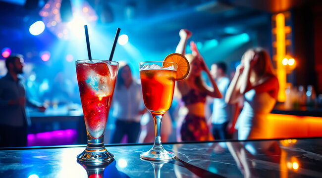At a party in a nightclub, with people dancing in the background, there are two cocktails.